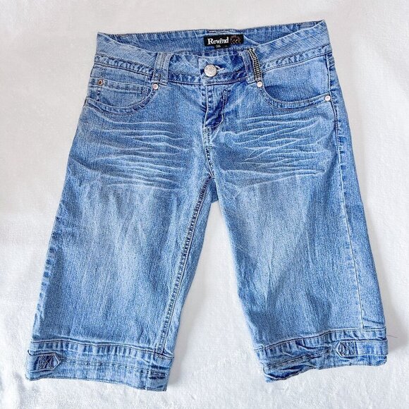 Rewind Bermuda Denim Shorts | Medium Blue Wash | Distressed | Size 5 | Y2K - Picture 1 of 15